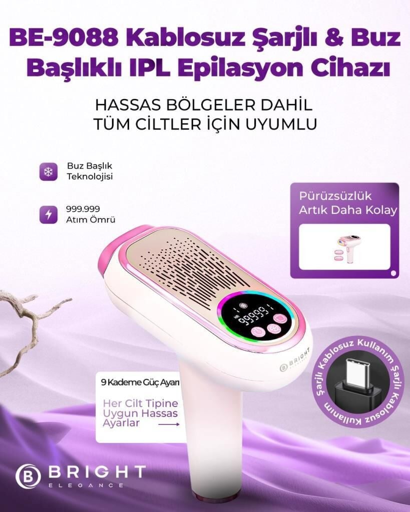 Bright Elegance BE-9088 Şarjlı Ipl Lazer Epilasyon Cihazı 999.999 Atım 9 Kademe Buz Başlık Hassas Dar Bölge Başlığı