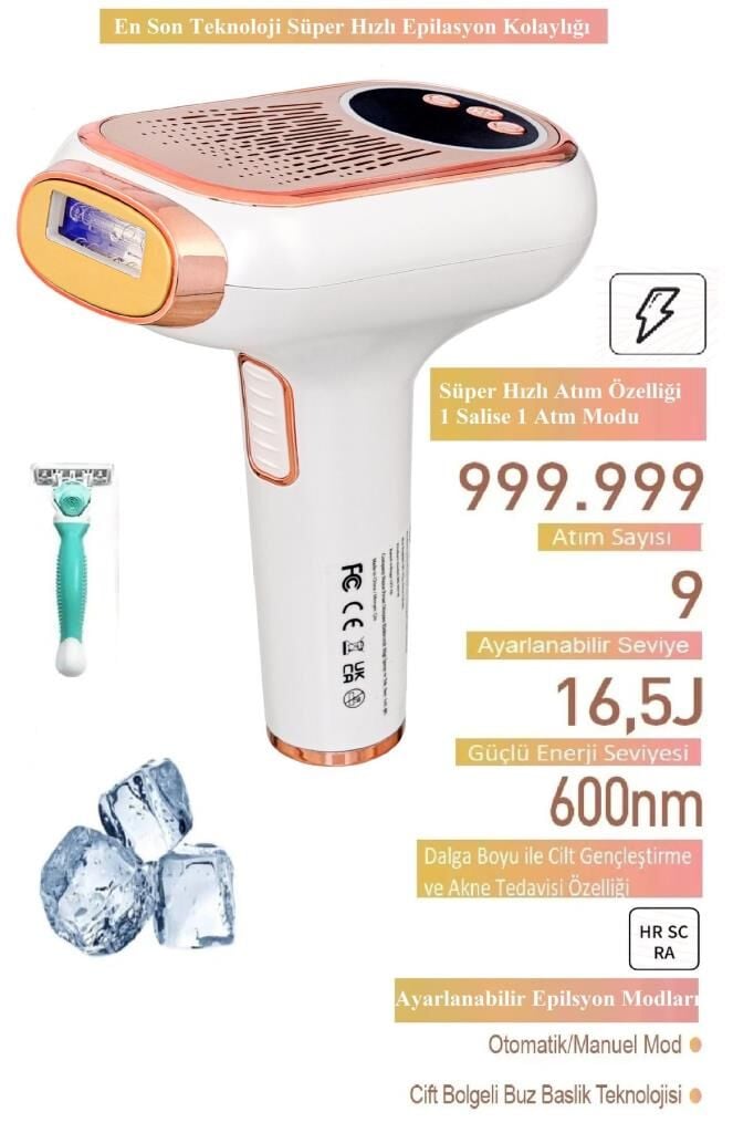 Bright Elegance BE-9077F Ultra Hızlı Profesyonel Lazer 999.999 Atım Otomatik/Manuel Mod Buz Başlık