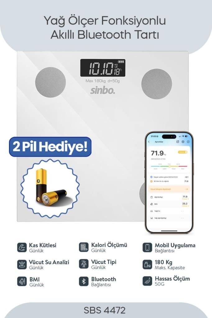 Sinbo SBS-4472 Bluetooth Dijital Yağ Su Kas Vücut Kitle Endeksi Kilo Ölçer Tartı Baskül