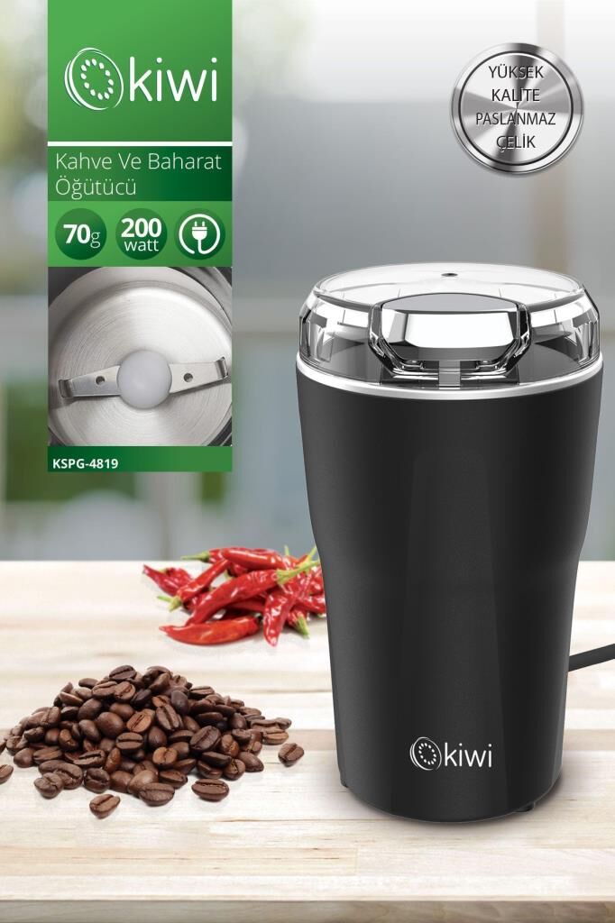 Kiwi Kspg-4819 Paslanmaz Çelik Kahve ve Baharat Öğütücü Siyah