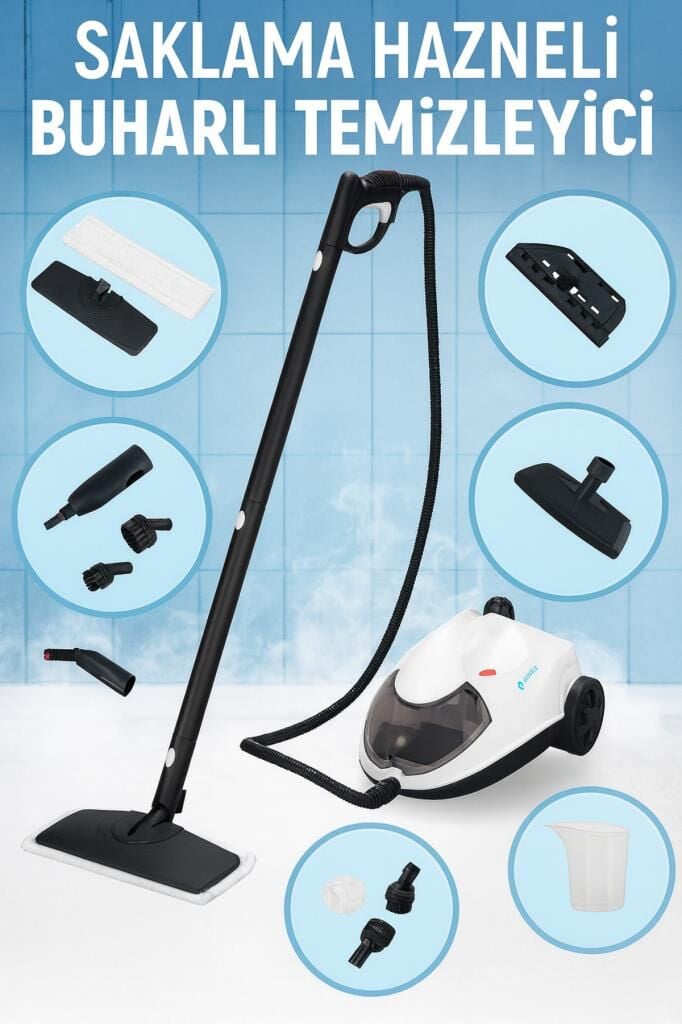 BE-3450 Çok Fonksiyonlu Saklama Hazneli 5 Bar 5m Kablo 2L Su Hazneli Buharlı Temizlik Makinesi Beyaz BE-3450, one size