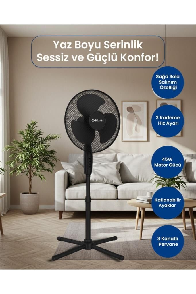 Bright Elegance Be-4116 16'' Katlanabilir Ayaklı Standlı Vantilatör Siyah