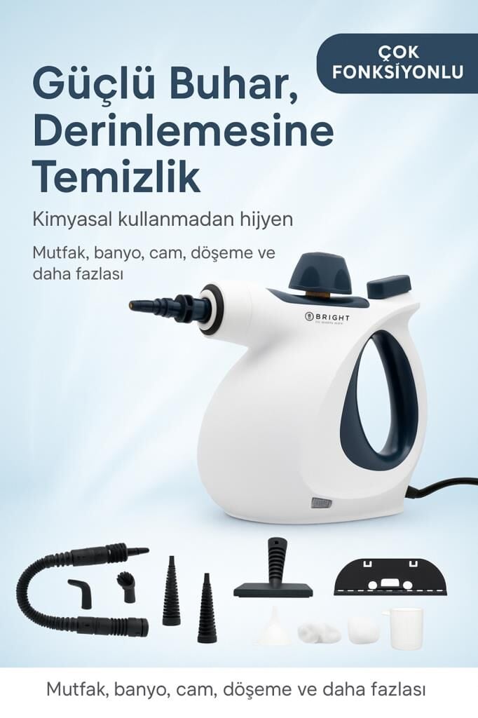 Bright Elegance BE-3410 9 in 1 Çok Fonksiyonlu El Tipi Basınçlı Buharlı Temizlik Makinesi Ev, Zemin, Araba, Mutfak