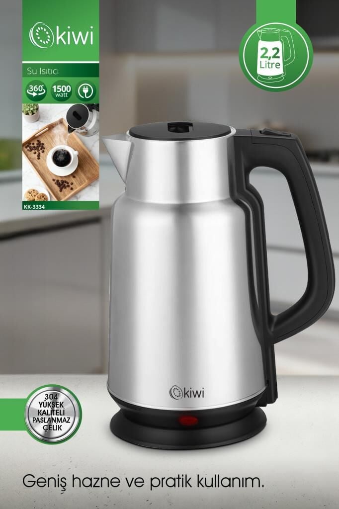 Kiwi KK-3334 Su Isıtıcı | 2.2L Paslanmaz Çelik, 360° Kablosuz, Gizli Rezistans