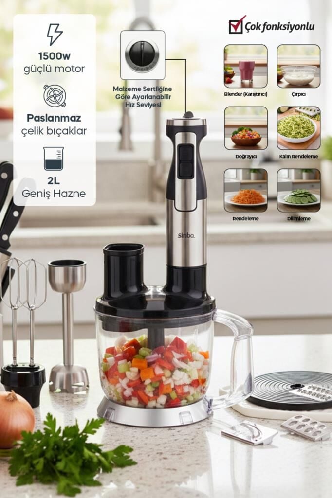 Sinbo SHB-7531 Çok Fonksiyonlu El Blender Seti | Doğrayıcı, Çırpıcı ve Rende Aparatlı