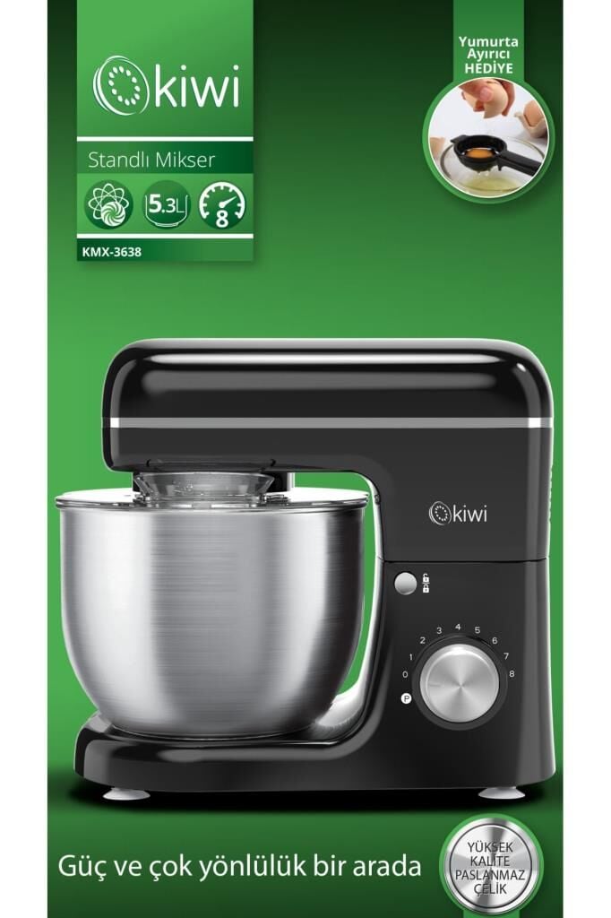 Kiwi Kmx-3638 Hamur Yoğurma & Stand Mikser 5,3 Lt 1300w Mutfak Şefi Siyah
