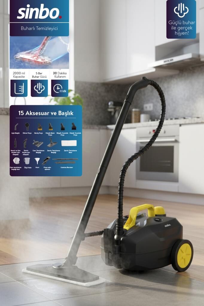 Sinbo 2000W 5 Bar Yüksek Basınçlı, 15 Başlıklı, 2 Lt, 110°C Profesyonel Buharlı Temizleyici SSC-6428