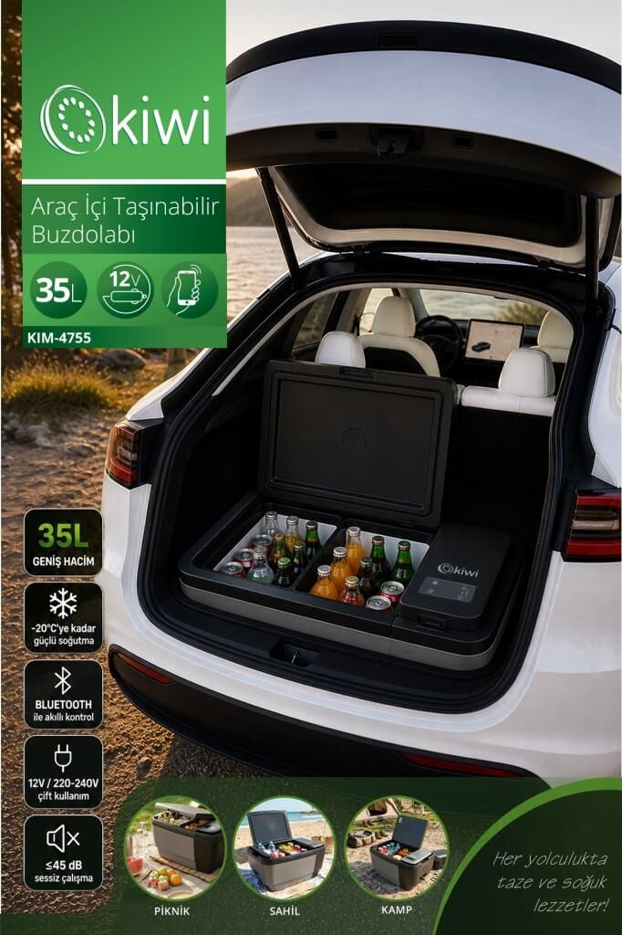 Kiwi KIM-4755 Araç İçi Taşınabilir Buzdolabı | 35 L & -20°C & DC Kompresör & 12V/220V & Bluetooth