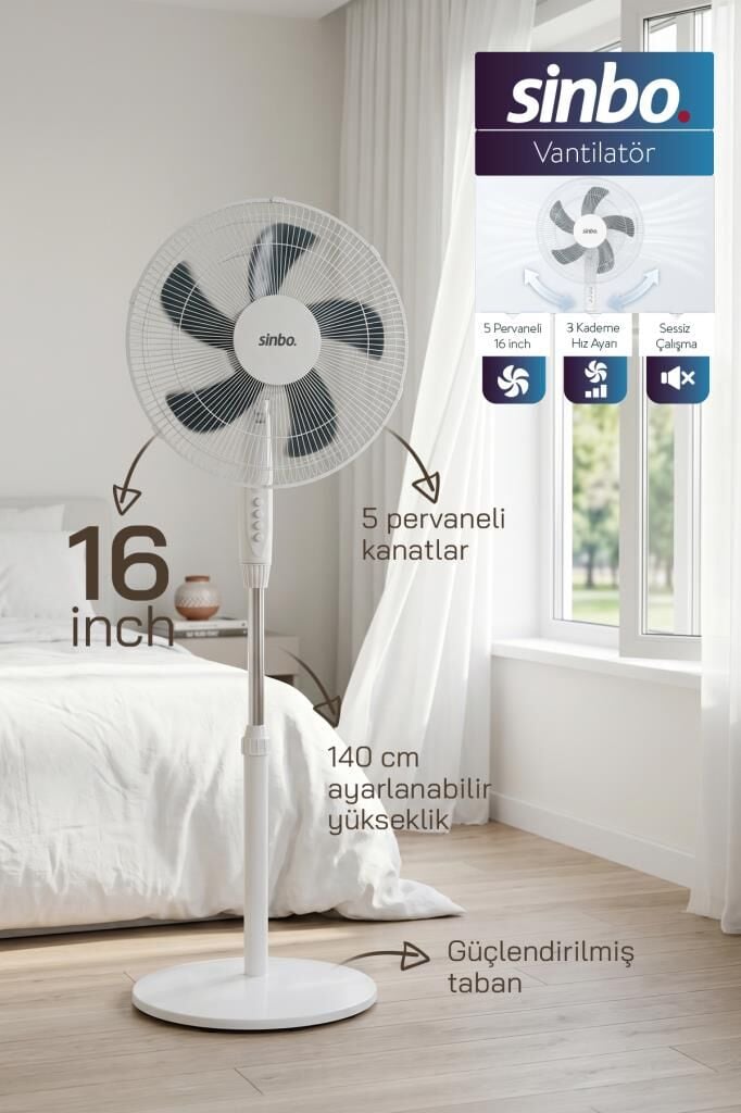 Sinbo SF-7705 Ayaklı Vantilatör 16 İnç 45W Sessiz Fan 3 Kademeli Yükseklik Ayarlı Güçlü