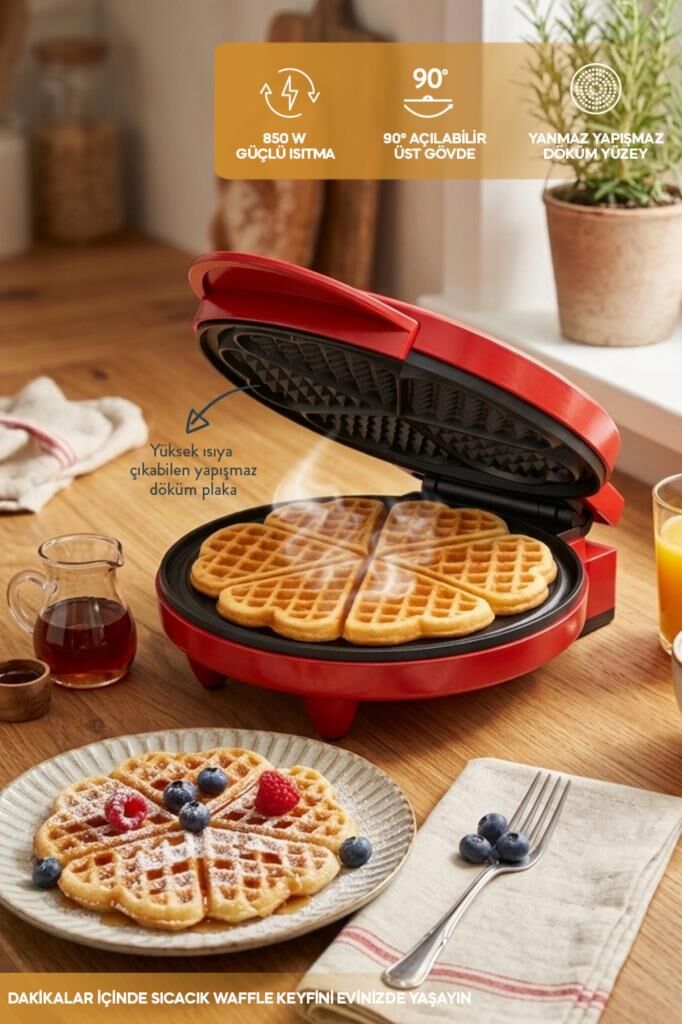 Sinbo SSM-2595 Waffle Makinesi 850W | 182 mm Yapışmaz Döküm Plaka Kırmızı | 5 Dilimli Waffle