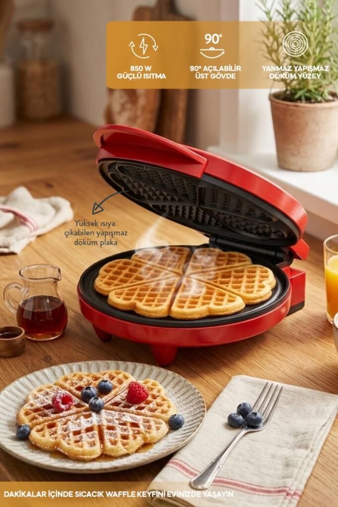 Sinbo SSM-2595 Waffle Makinesi 850W | 182 mm Yapışmaz Döküm Plaka Kırmızı | 5 Dilimli Waffle