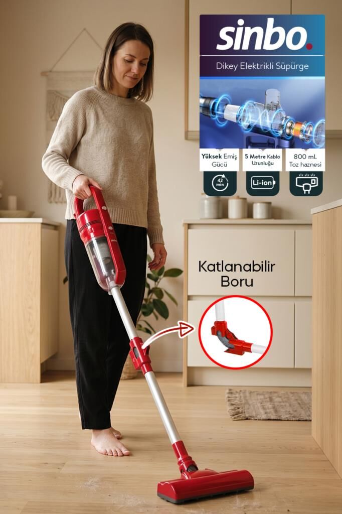Sinbo SVC-8625 Kırmızı Dikey Elektrikli Süpürge Katlanır Borulu, El Süpürgesi, 800 ml Toz Hazneli