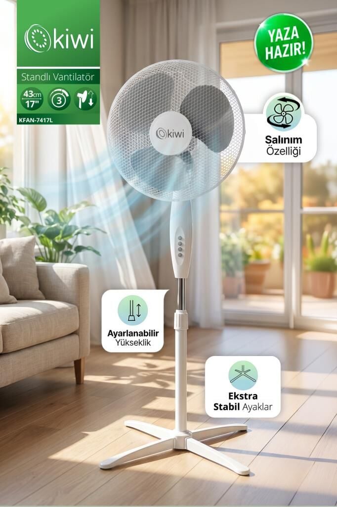 Kiwi KFAN-7417L Standlı Vantilatör | 3 Kademe & Salınım & 70 cm Stabil Taban BEYAZ