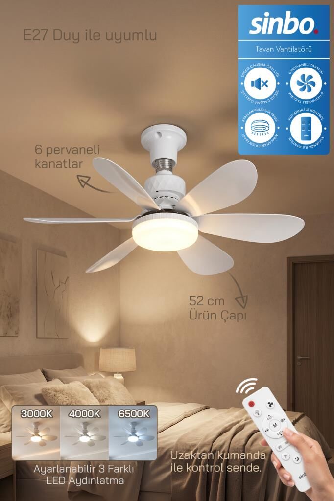 Sinbo SF-7708 3 LED Aydınlatmalı Sessiz Tavan Vantilatörü Kumandalı 6 Kanatlı