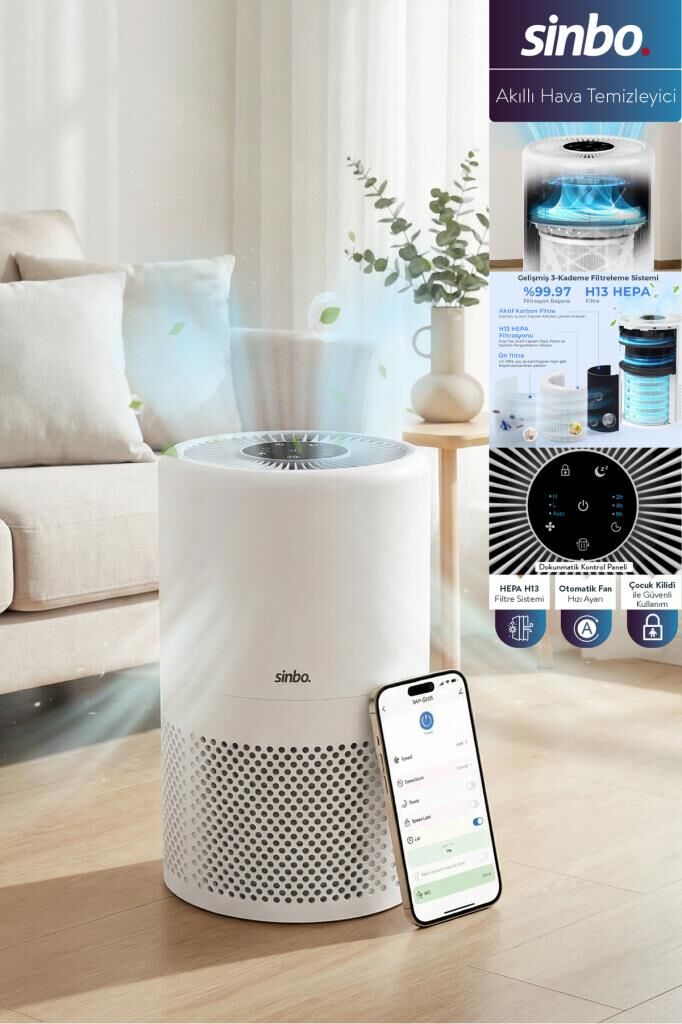 Sinbo SAP-5508 Akıllı H13 Hepa Filtreli Wifi Özellikli Hava Temizleyici