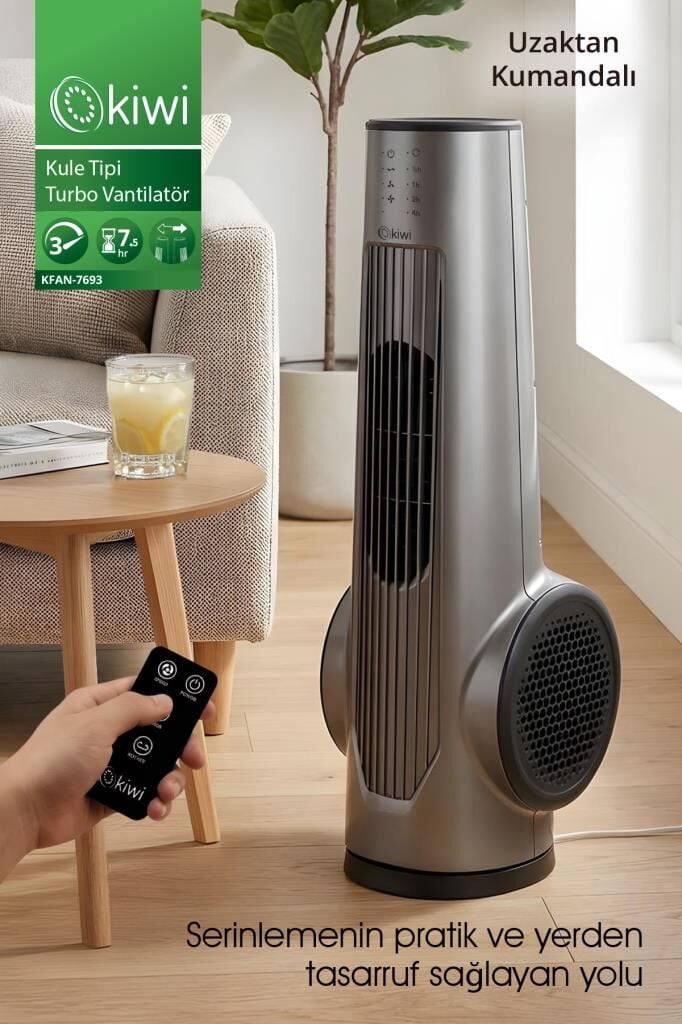 Kiwi KFAN-7693 Kule Tipi Vantilatör | LCD Ekran & 75 cm & 3 Kademe & Kumandalı & 7.5 Saat Zamanlayıcı