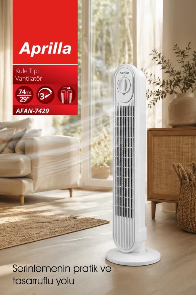 Aprilla AFAN-7429 Kule Tipi Vantilatör | 74 cm & 3 Kademe & 80° Salınım & Şık Tasarım