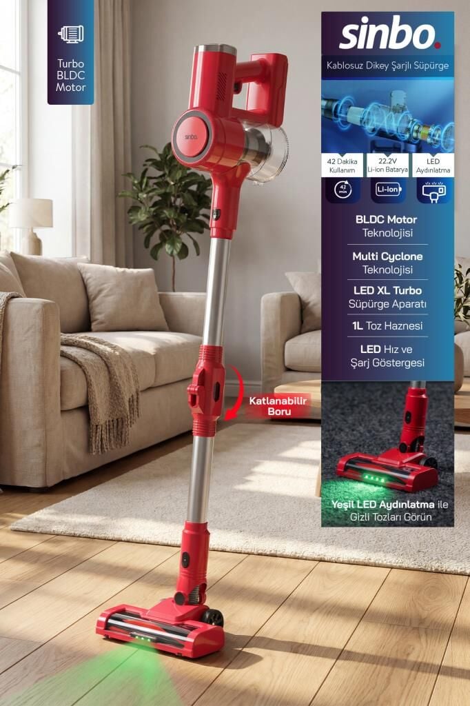 Sinbo SVC-8642 Kablosuz Dikey Şarjlı Süpürge 22.2V BLDC Motor LED Işıklı Turbo Başlık 1L Toz Hazneli